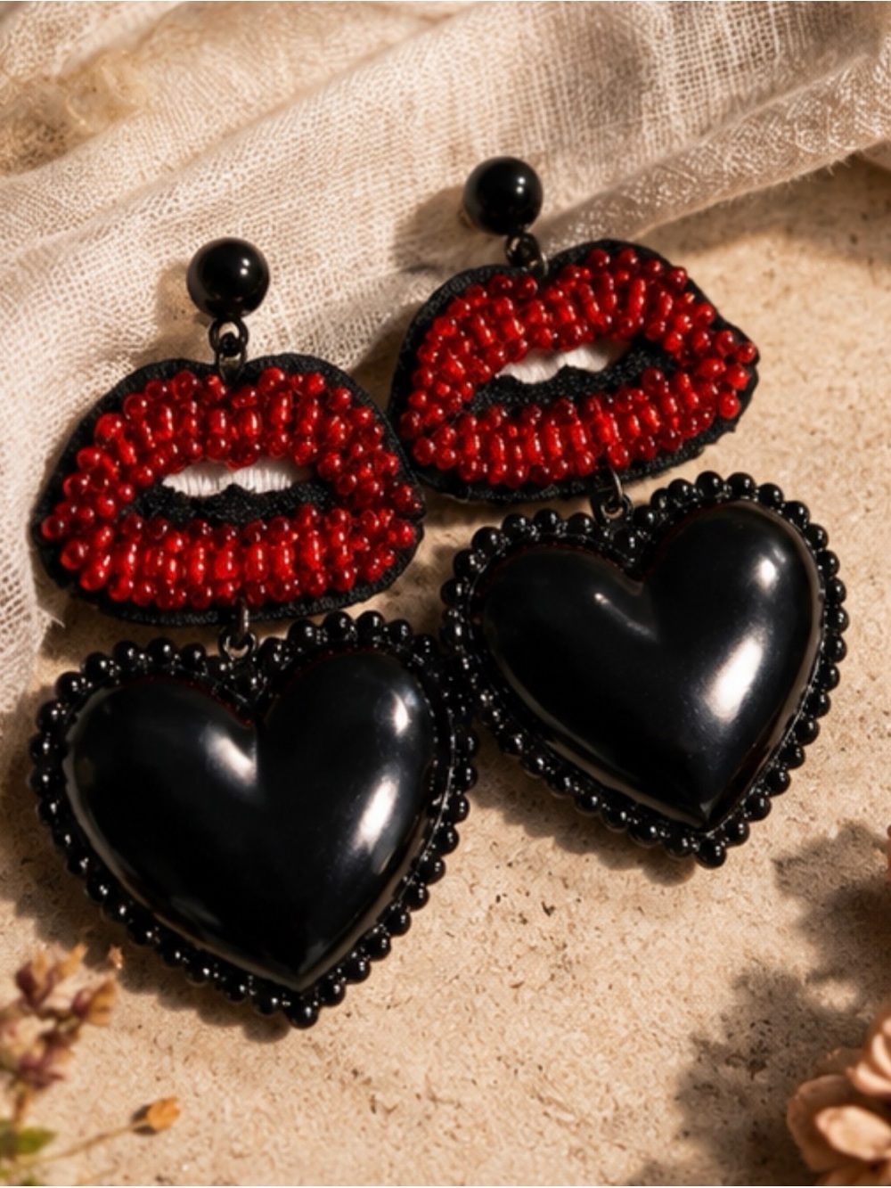 Beaded Red Lips & Black Heart Statement Earrings | 3.5” Lightweight | Kiss &Tell